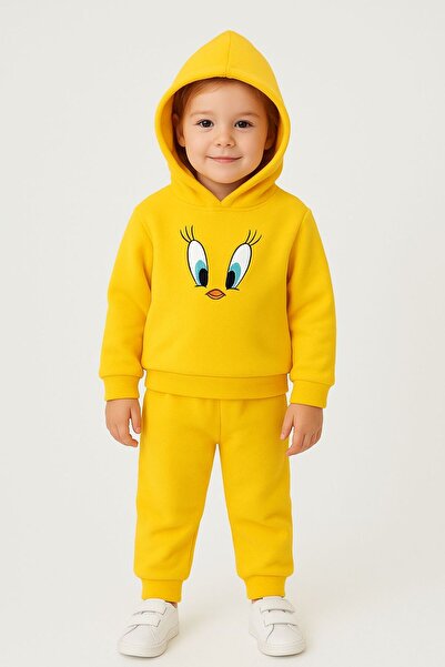 Bilge Trend SARI CİVCİV NAKIŞLI KAPÜŞONLU POLAR KIZ ERKEK ÇOCUK PİJAMA TAKIMI