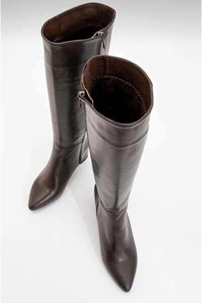 Yılmaz Exclusive Brown Genuine Leather Women's Pointed Toe Heeled Boots