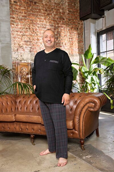Aydoğan Lodos Store Men's Plus Size Long Sleeve Placket Thermal Pajama Set Plaid Pattern Black