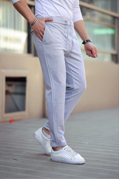 velmorafashion Men's Diagonel Micro-Textured Pants with Pockets and Elastic Waist - Gray-Vlmr