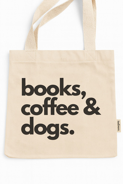 Tee&more. Books, Coffee & Dogs Printed Canvas Tote Bag with Gusseted Velcro and Inner Pocket