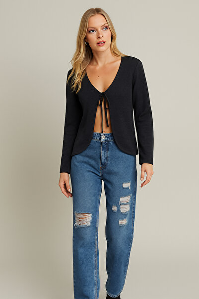 MAMAYAGA Women's Anthracite Gray Full Fit Jacket Front Tie-Up Spanish Sleeve Jacket