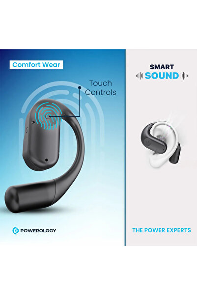 Powerology سماعات أذن لاسلكية بتقنية التوصيل اللاسلكي وحافظة شحن مع شاشة عرض 60 مللي أمبير/ساعة - أسود