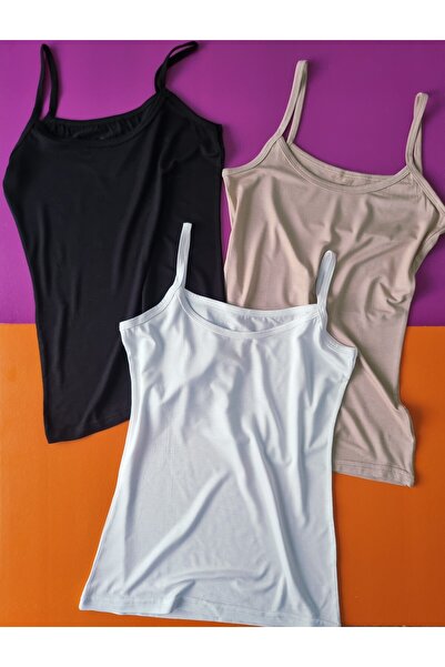 Demirsa Boutique Thin Rope Strap Bamboo Fabric 3-Piece Black, Nude, and White Color Women's Tank Top