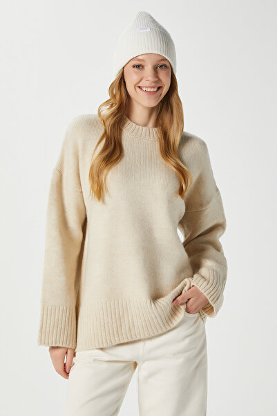 Ritnice Women's Homy Soft Crew Neck Stone Oversized Knitwear Sweater