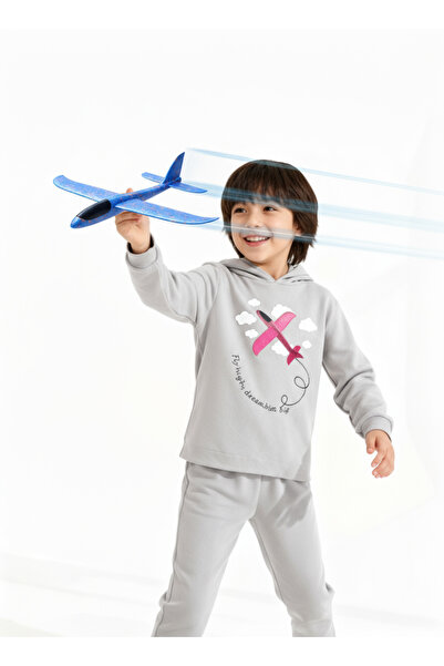 KanatGo Children's Unisex Airplane Printed Hooded Pajama Set + Foam Airplane Gift