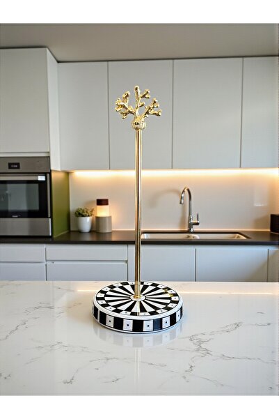 ferayhome Paper Towel Holder Roll Napkin Holder Kitchen Accessory Ceramic Black Checker Vertical Pattern Gold - Feray Home