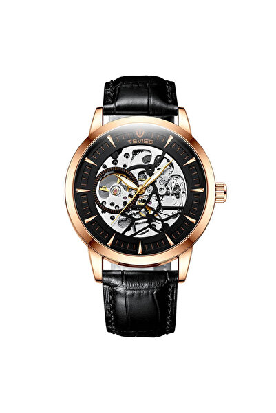 Tevise Men's Watch Automatic Analog Elegant Black Gold Leather