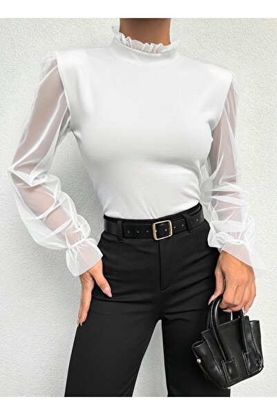 OLSAMODA Women's Flawed Sleeve Tulle Flexible Knitted Fabric Bluse