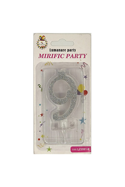 Mirific Party Silver glitter cake candle, 6 cm, number 9