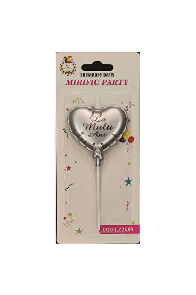 Mirific Party Cake candle, silver & black, 13 cm, heart, "Happy Birthday"