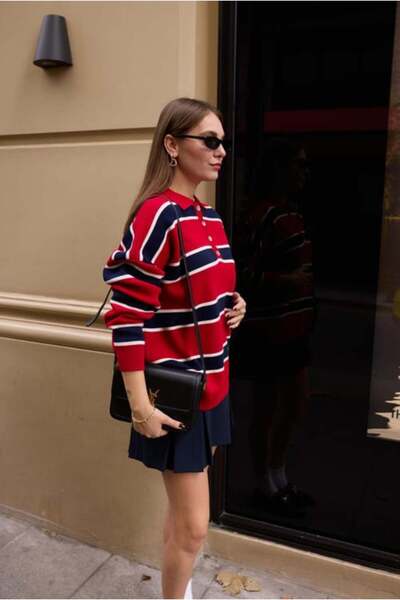 Lavanta Tekstil Polo Neck Striped Oversize Knitwear Sweater