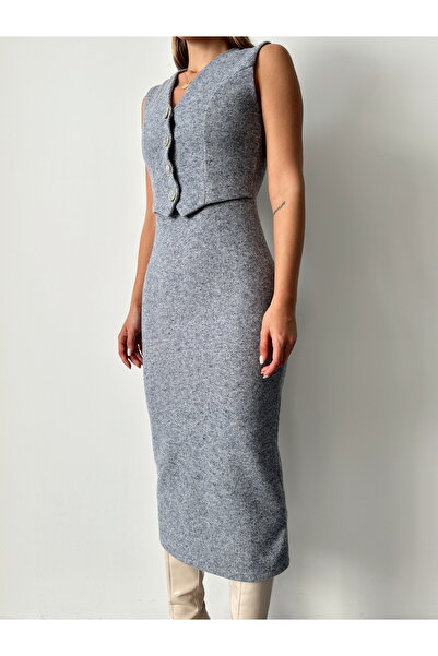 Somut istanbul Buttoned V-Neck Vest Detail Midi Dress