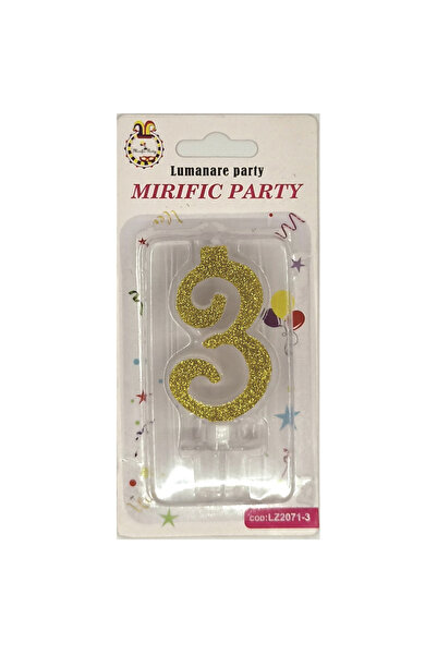 Mirific Party Gold glitter cake candle, 6 cm, number 3