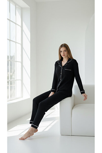 trendlina Ribbed Knit Buttoned Piped Pajama Sets