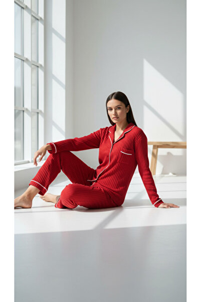trendlina Ribbed Knit Buttoned Piped Pajama Sets