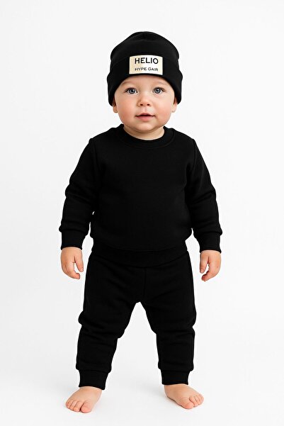 NOVERAM KİDS Baby 3 Thread Tracksuit Set 9-12-18-24 Months | Hello Printed Sweatshirt & Bottom Set & Beanie