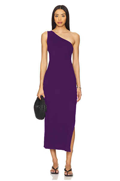 AFR CLOTHES فستان نسائي بطبقة مزدوجة من الجيرسيه بكتف واحد وشق