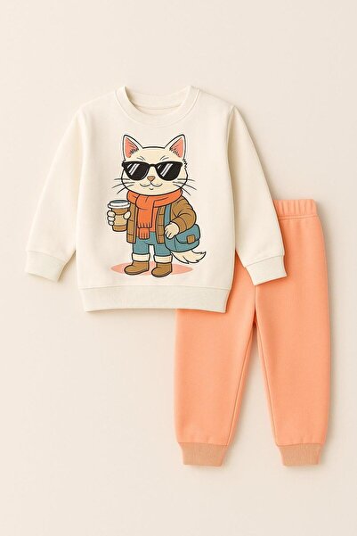 Katia&Bony Girl's Glasses Cat Patterned Tracksuit Set
