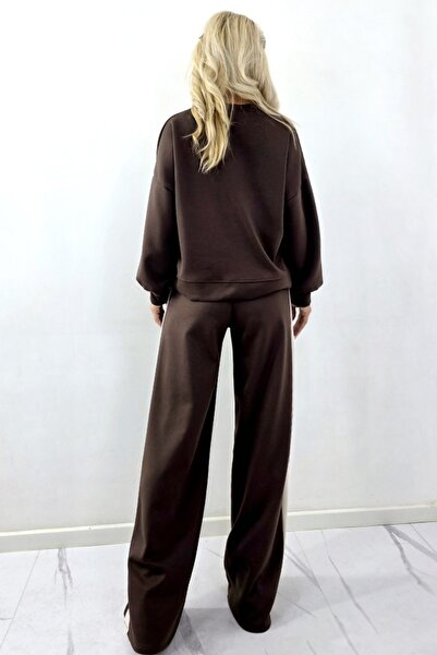 FashionForYou Casual set with floral motif KEORA, blouse and oversized pants, Brown, Size S/M/L