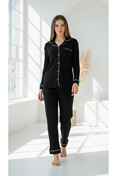 trendlina Ribbed Knit Buttoned Piped Pajama Sets