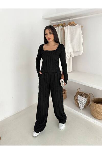 By Kuzey Aras Women's Square Neck Ribbed Finger-Tuck Detail Two-Piece Set