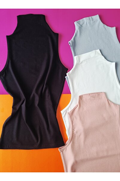 Demirsa Boutique Turtleneck, Zero Sleeve Modal Fabric Powder, Blue, Black and White Color 4-Piece Women's Undershirt