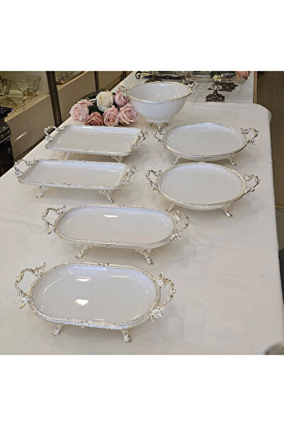 AlyaHomeAksesuar 7 Piece Metal Rimmed Porcelain Serving Plate Set Silver