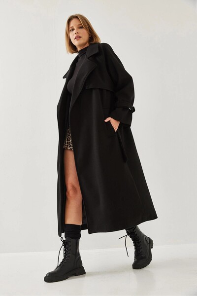 HARMONY GLOBAL Palton lung din cașmir cu centură neagră pentru femei – supradimensionat croială , Trench clasic și elegant de iarnă 8102