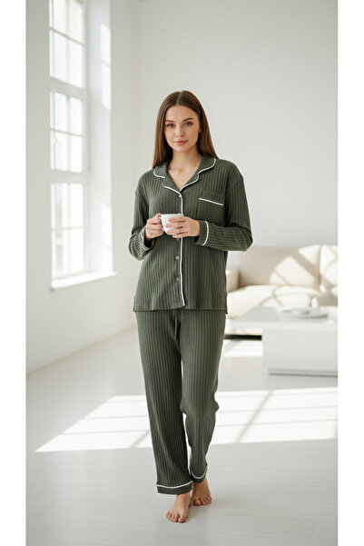 trendlina Ribbed Knit Buttoned Piped Pajama Sets