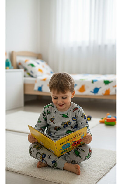 Arya Nisa Kids Boys' Fleece-Lined Cotton Gray Tractor Dinosaur Ball Printed Pajama Set