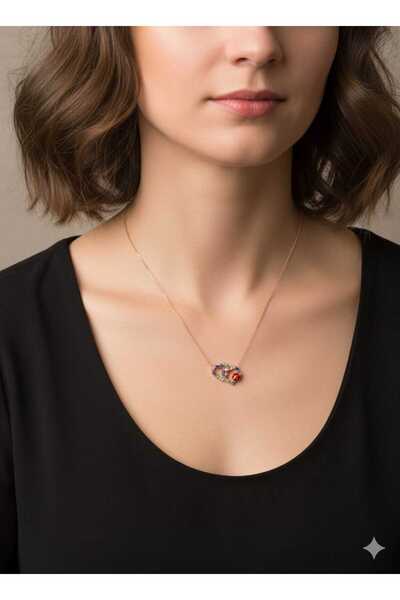 Papatya Silver 925 Ayar mix taşlı çift kalp uğur böceği kolye.rose.gold.rodaj