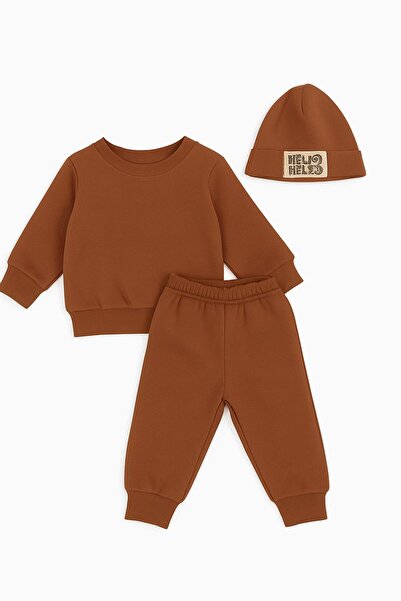 NOVERAM KİDS Baby 3 Thread Tracksuit Set 9-12-18-24 Months | Hello Printed Sweatshirt & Bottom Set & Beanie