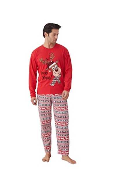 TOSKI - Men's Christmas Pajama, long sleeve, long pants, Reindeer with scarf print, Red