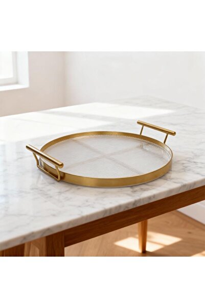 Generic 25cm round gold iron serving tray with acrylic base