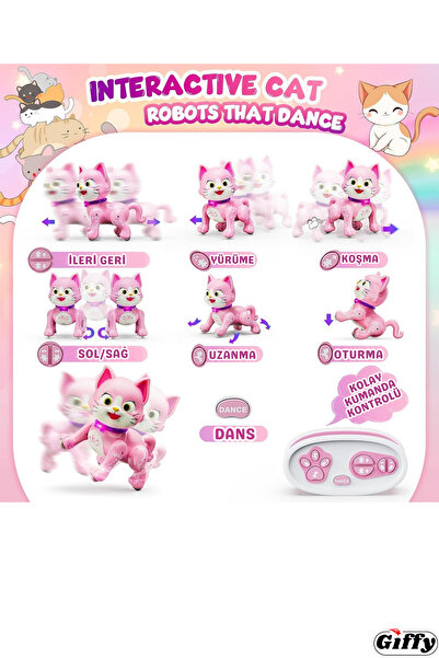 giffy Oyuncak Uzaktan Kumandalı Robot Kedi Oturup Kalkabilen Şarjlı Led Işıklı Sesli Dans Eden Toy Cat