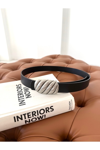 coaksco Women's Silver Mussel Shell Buckle Black Belt