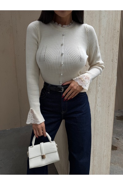 kenza'a Pulover din tricot cu detaliu din tul și nasturi