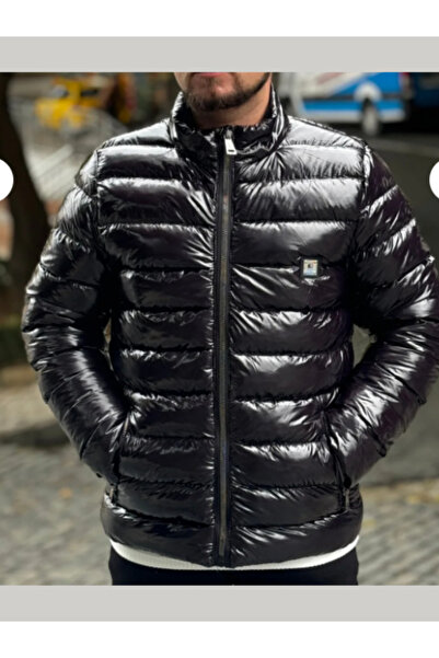 m.baba Erkek Siyah Su Itici Rüzgar Geçirmez Kumaşlı Dik Yaka Parlak Şişme Mont