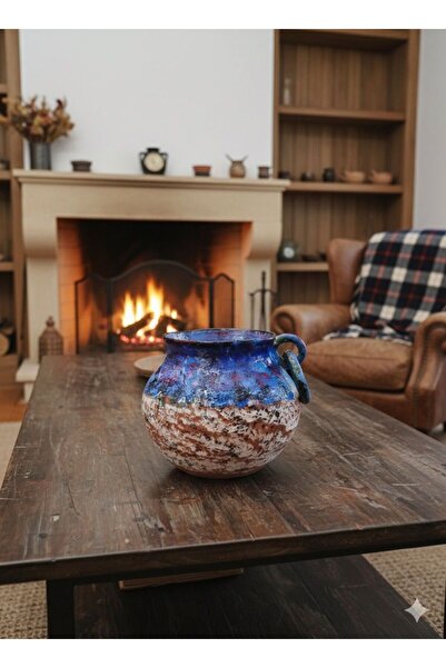 Atiz Çömlek evi Halka kulplu eskitme motifli el yapımı toprak vazo