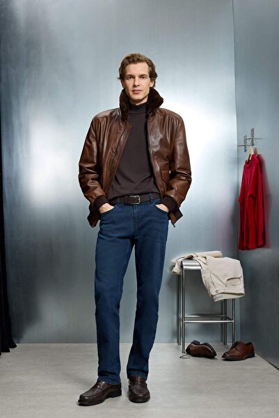 DeFacto 100% Leather Premium Modern Fit Polo Collar Lined Zippered Coat G5521Ax25Wn