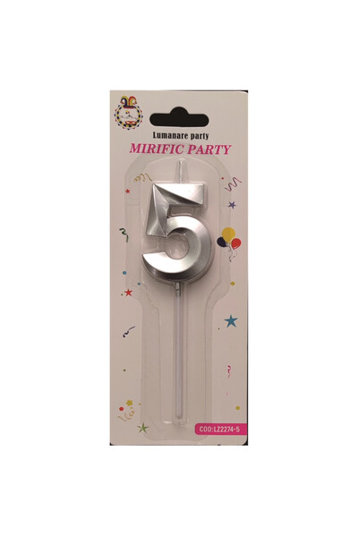 Mirific Party Cake candle, silver metallic, 5 cm, number 5