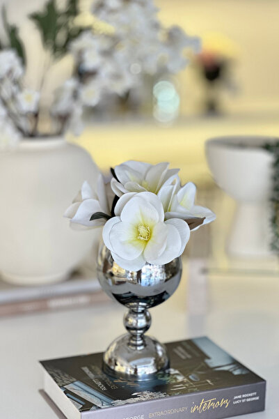 Shura Homeware Sima Vase Silver Metal Stand Decorative Globe Vase with Artificial Flowers, Stylish Living Room Accessory