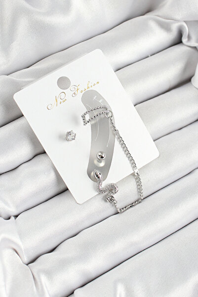 Mustran Brass Snake Figured Zircon Stone Silver Color 3-Piece Cartilage Women's Earring Set