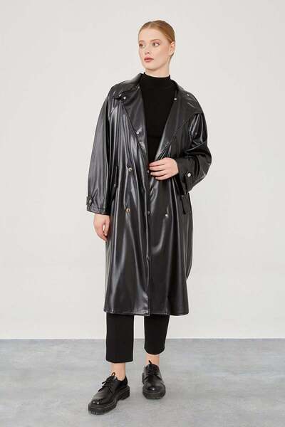 Levidor Black Oversized Faux Leather Trench Coat