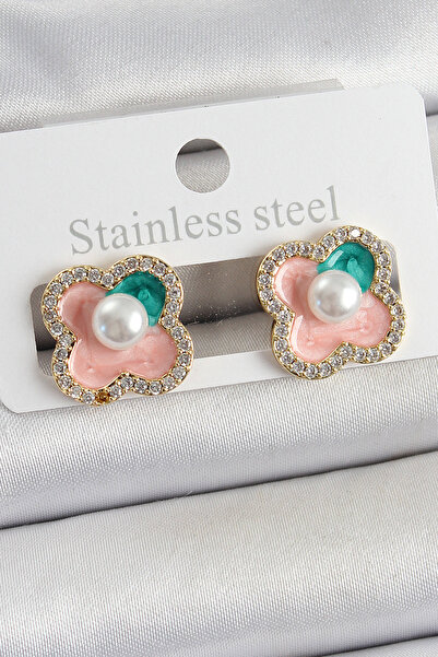 Mustran Brass Pink Enamel Pearl Detailed Zircon Stone Artistic Portrait Clover Model Gold Color Women's Earrings
