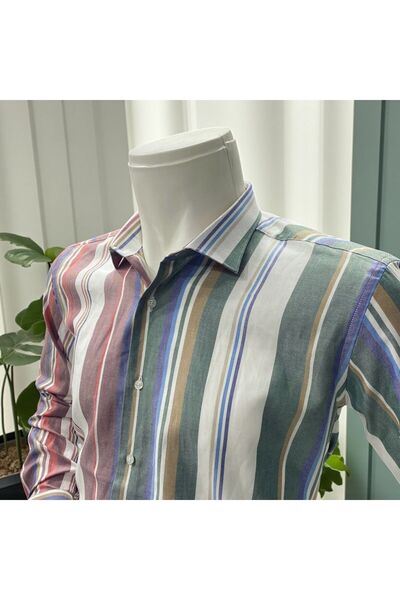 GÖMLEK GALERİSİ Slim Fit Sports Cut Striped Men's Long Sleeve Shirt