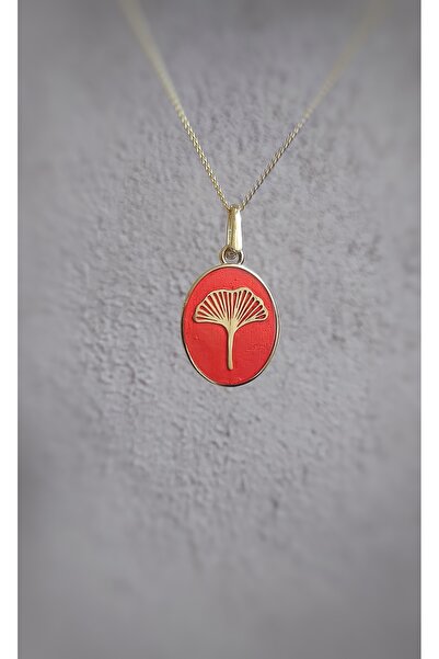Kırmızı Mineli Gümüş Ginkgo Yaprağı Kolye (Altın Kaplama)