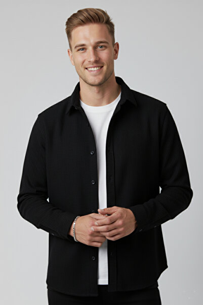 Rizz up قميص رجالي أسود مخملي قماش مجدّل ذو قصة مريحة وملمس ناعم قماش قابل لل...