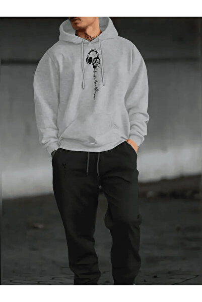 ALEYZA MODA Set de trening cu glugă pentru bărbați, cu imprimeu cu căști și ritm